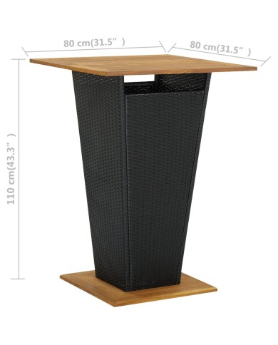 Table de bar Noir 80x80x110 cm Résine tressée et bois d'acacia