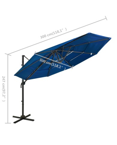Parasol à 4 niveaux avec mât en aluminium Bleu azuré 3x3 m