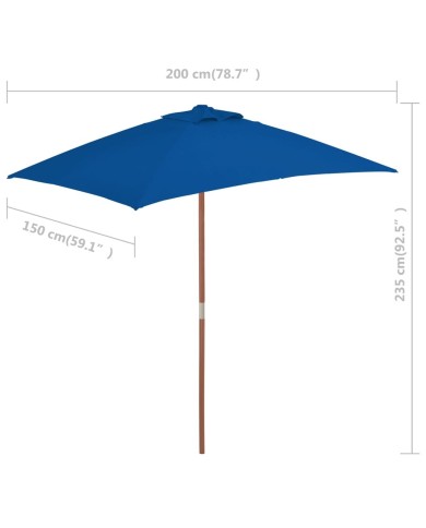Parasol d'extérieur avec mât en bois Bleu 150x200 cm