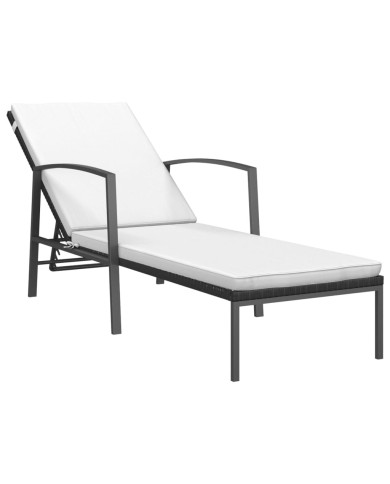 Chaise longue de jardin avec coussin Résine tressée Noir