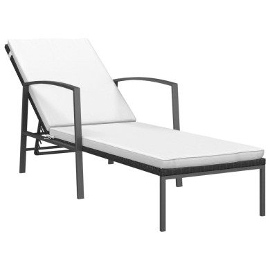 Chaise longue de jardin avec coussin Résine tressée Noir