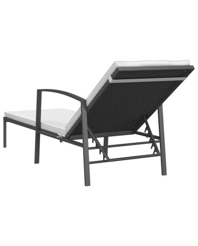 Chaise longue de jardin avec coussin Résine tressée Noir