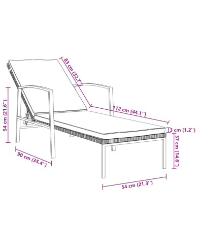 Chaise longue de jardin avec coussin Résine tressée Noir
