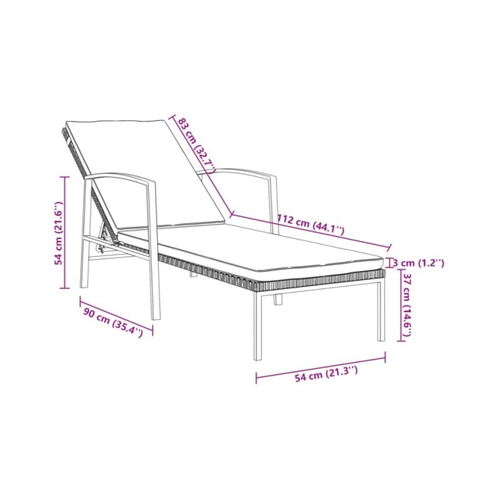 Chaise longue de jardin avec coussin Résine tressée Noir