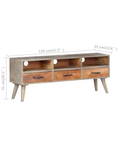 Meuble TV Gris 130x35x51 cm Bois massif de manguier brut