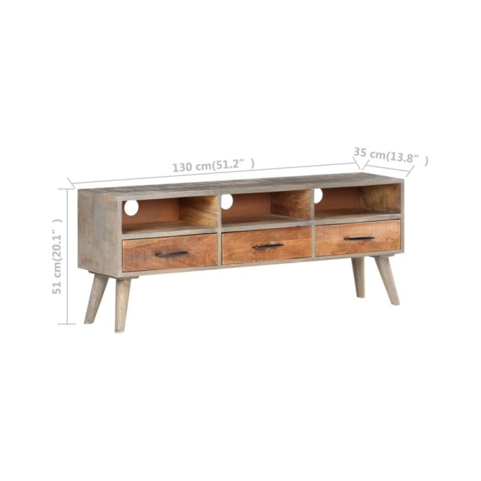 Meuble TV Gris 130x35x51 cm Bois massif de manguier brut