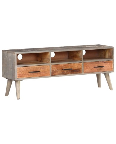 Meuble TV Gris 130x35x51 cm Bois massif de manguier brut