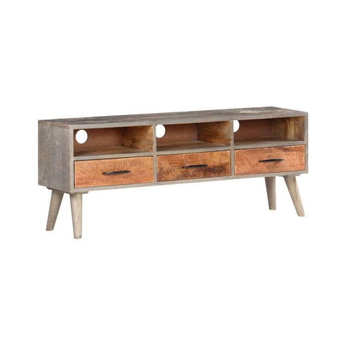 Meuble TV Gris 130x35x51 cm Bois massif de manguier brut
