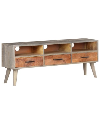 Meuble TV Gris 130x35x51 cm Bois massif de manguier brut