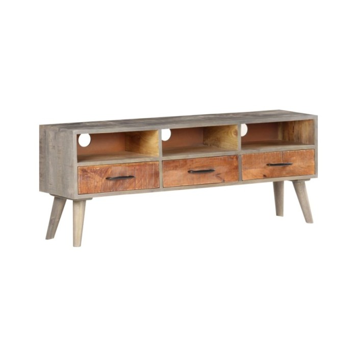 Meuble TV Gris 130x35x51 cm Bois massif de manguier brut