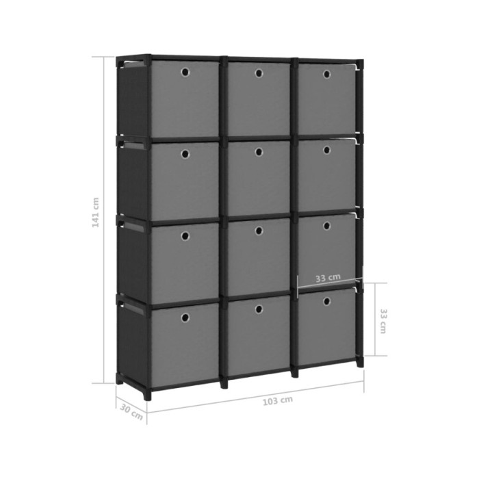 Étagère à 12 cubes avec boîtes Noir 103x30x141 cm Tissu