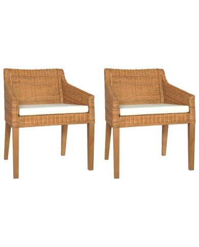 Chaises à dîner avec coussins 2 pcs Marron Clair Rotin naturel