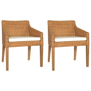 Chaises à dîner avec coussins 2 pcs Marron Clair Rotin naturel