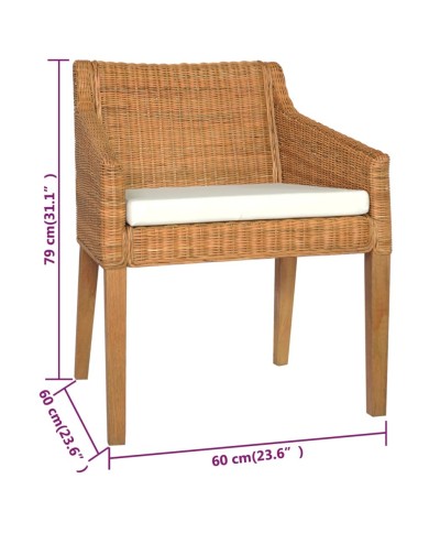 Chaises à dîner avec coussins 2 pcs Marron Clair Rotin naturel