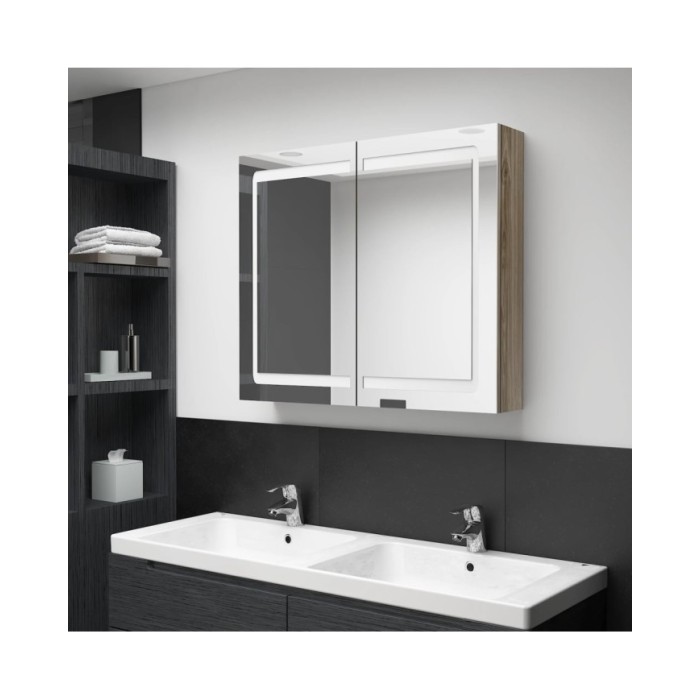 Armoire de salle de bain à miroir LED Chêne 80x12x68 cm