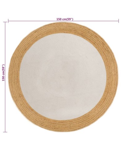 Tapis tressé Blanc et naturel 150 cm Jute et coton Rond