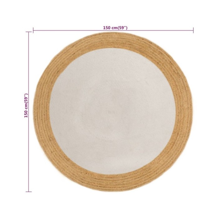 Tapis tressé Blanc et naturel 150 cm Jute et coton Rond