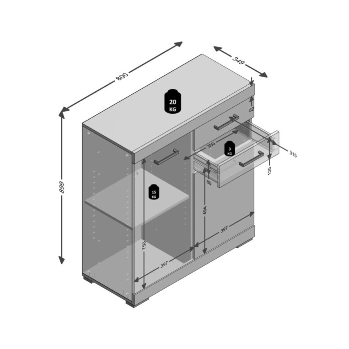FMD Armoire avec 2 portes et 2 tiroirs 80x34,9x89,9 cm Béton et blanc