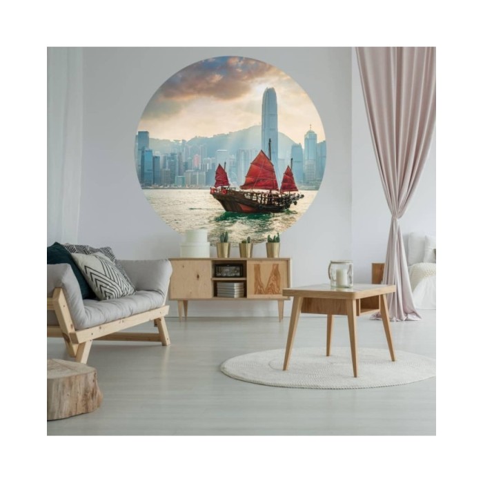 WallArt Papier peint cercle Skyline with Junk Boat 142,5 cm