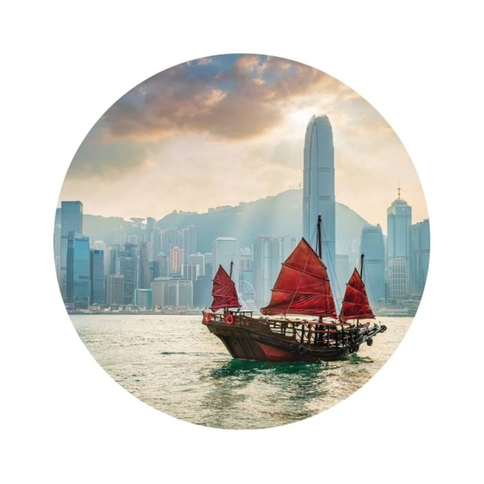 WallArt Papier peint cercle Skyline with Junk Boat 142,5 cm