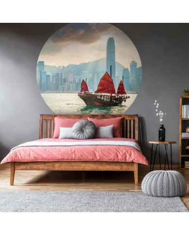 WallArt Papier peint cercle Skyline with Junk Boat 142,5 cm