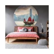 WallArt Papier peint cercle Skyline with Junk Boat 142,5 cm