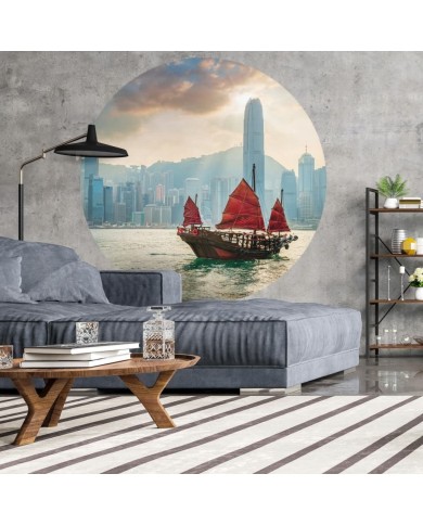WallArt Papier peint cercle Skyline with Junk Boat 142,5 cm