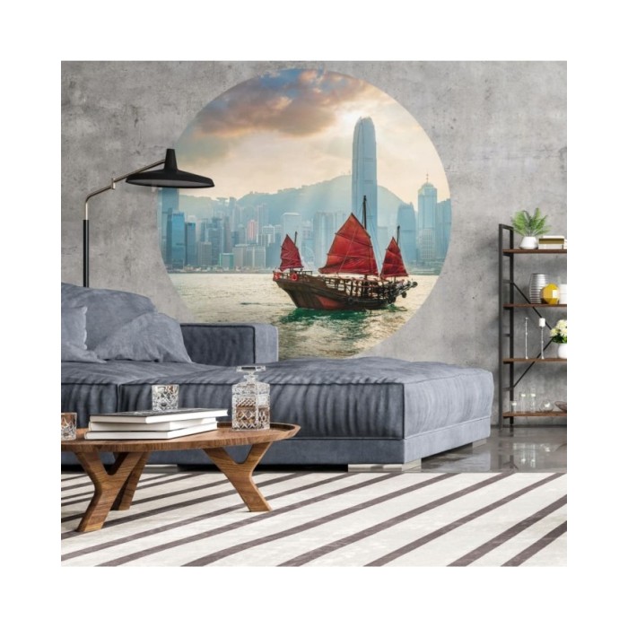 WallArt Papier peint cercle Skyline with Junk Boat 142,5 cm