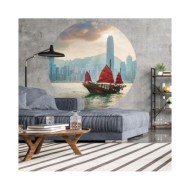 WallArt Papier peint cercle Skyline with Junk Boat 142,5 cm