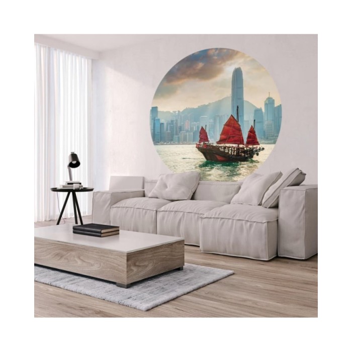 WallArt Papier peint cercle Skyline with Junk Boat 142,5 cm