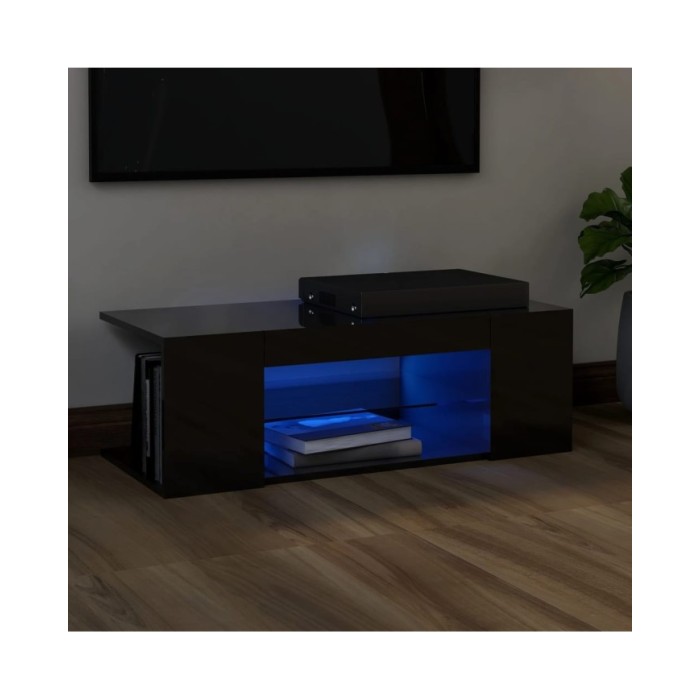 Meuble TV avec lumières LED Noir brillant 90x39x30 cm