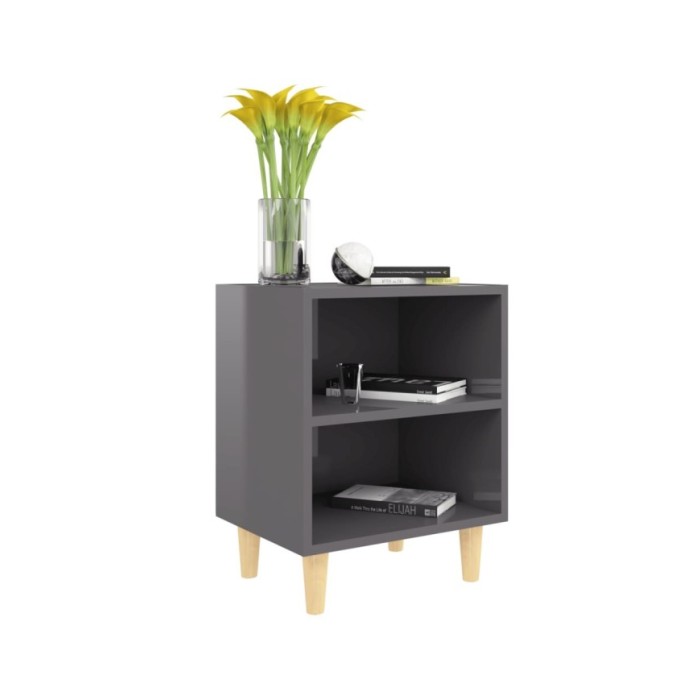 Table de chevet avec pieds en bois Gris brillant 40x30x50 cm