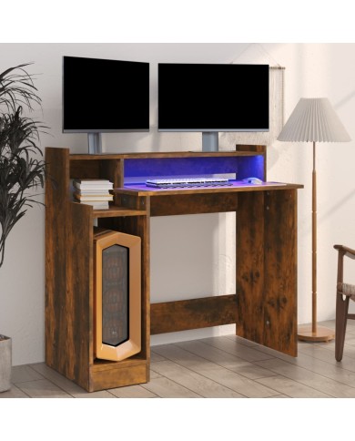 Bureau et lumières LED Chêne fumé 97x45x90 cm Bois d'ingénierie