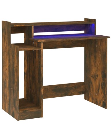 Bureau et lumières LED Chêne fumé 97x45x90 cm Bois d'ingénierie