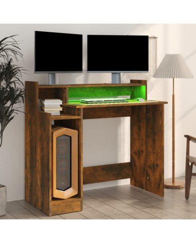 Bureau et lumières LED Chêne fumé 97x45x90 cm Bois d'ingénierie