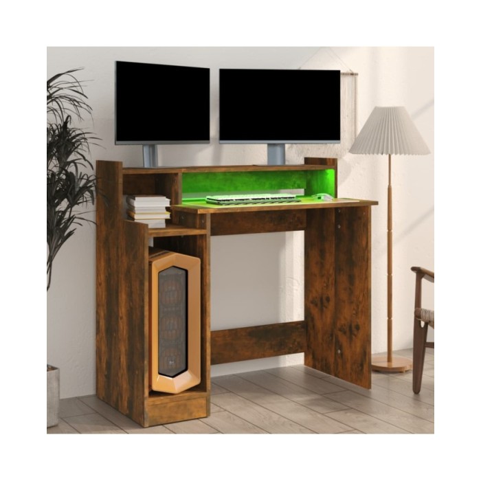 Bureau et lumières LED Chêne fumé 97x45x90 cm Bois d'ingénierie