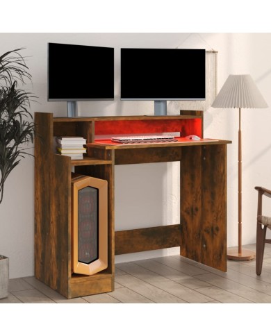 Bureau et lumières LED Chêne fumé 97x45x90 cm Bois d'ingénierie