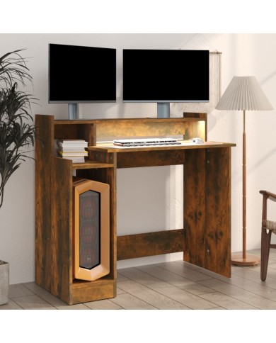 Bureau et lumières LED Chêne fumé 97x45x90 cm Bois d'ingénierie