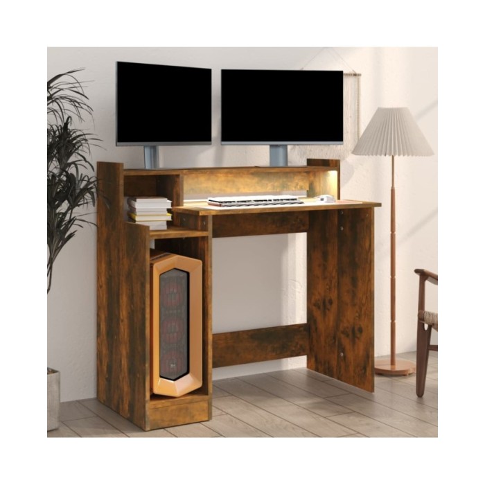 Bureau et lumières LED Chêne fumé 97x45x90 cm Bois d'ingénierie