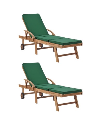 Chaises longues avec coussins 2 pcs Bois de teck solide Vert