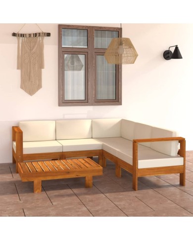 Salon de jardin 6 pcs avec coussins blanc crème Bois d'acacia