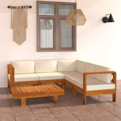 Salon de jardin 6 pcs avec coussins blanc crème Bois d'acacia