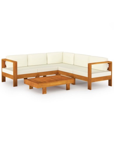 Salon de jardin 6 pcs avec coussins blanc crème Bois d'acacia
