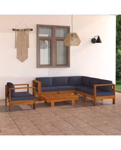 Salon de jardin 7 pcs avec coussins gris foncé Bois d'acacia