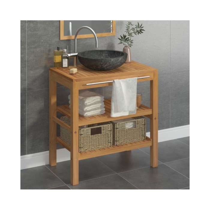 Armoire de toilette Teck solide avec lavabo en marbre Noir