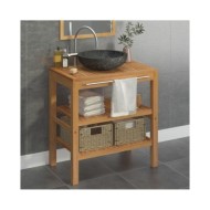 Armoire de toilette Teck solide avec lavabo en marbre Noir