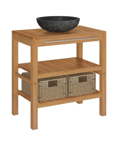 Armoire de toilette Teck solide avec lavabo en marbre Noir