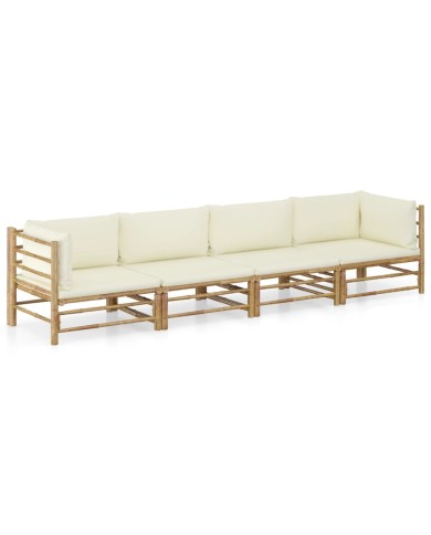 Salon de jardin 4 pcs avec coussins blanc crème Bambou
