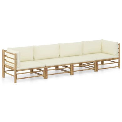 Salon de jardin 4 pcs avec coussins blanc crème Bambou