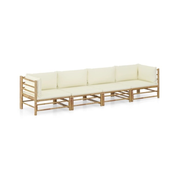 Salon de jardin 4 pcs avec coussins blanc crème Bambou